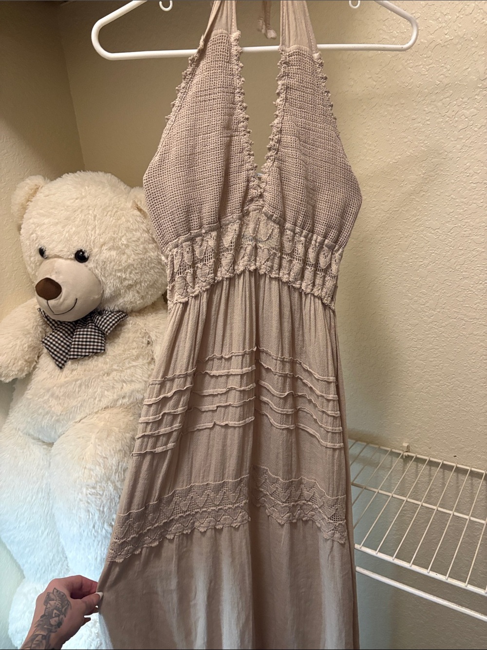 Boho Halter Maxi Dress in Beige - Sleeveless Tiered Design